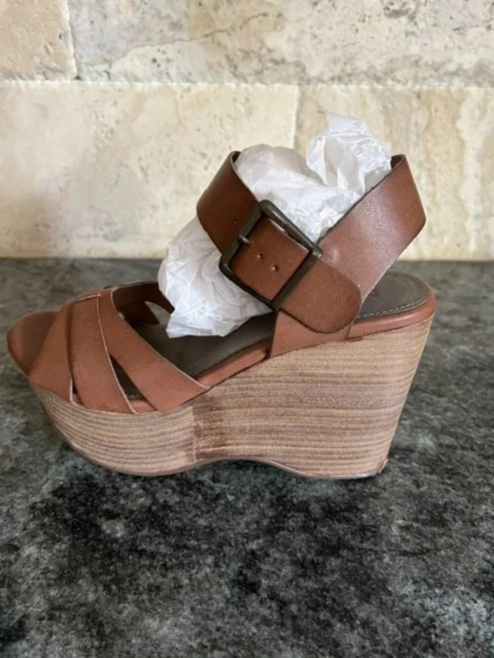 MIA Brown Leather Platform Wedge Sandals